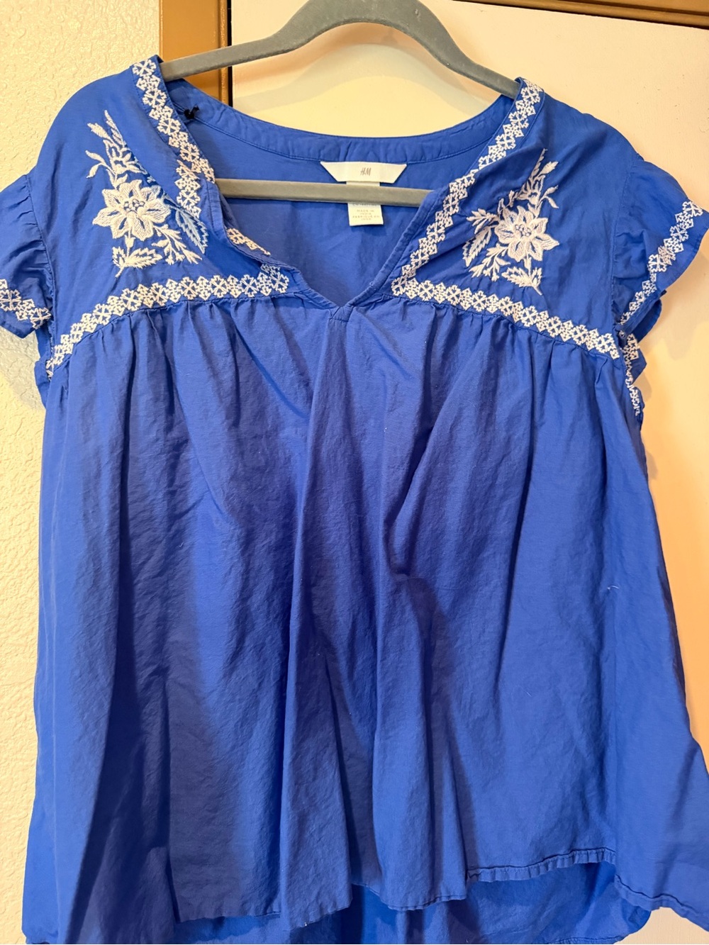 H&M Royal Blue Cotton Embroidered V-Neck Tunic
